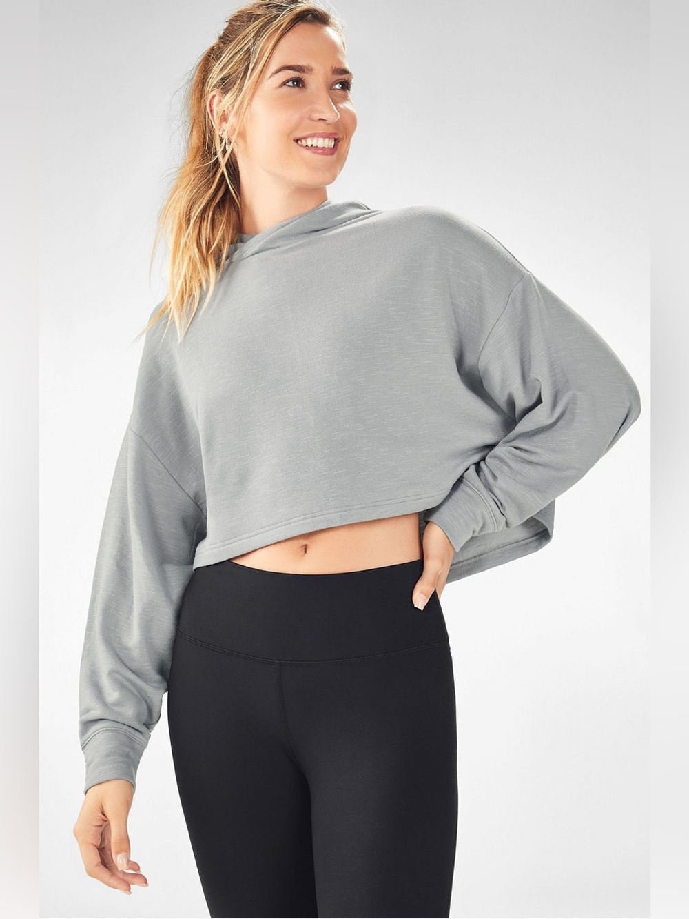 Fabletics Brisa Cropped Hooded Pullover Top Light Dove Gray S Small